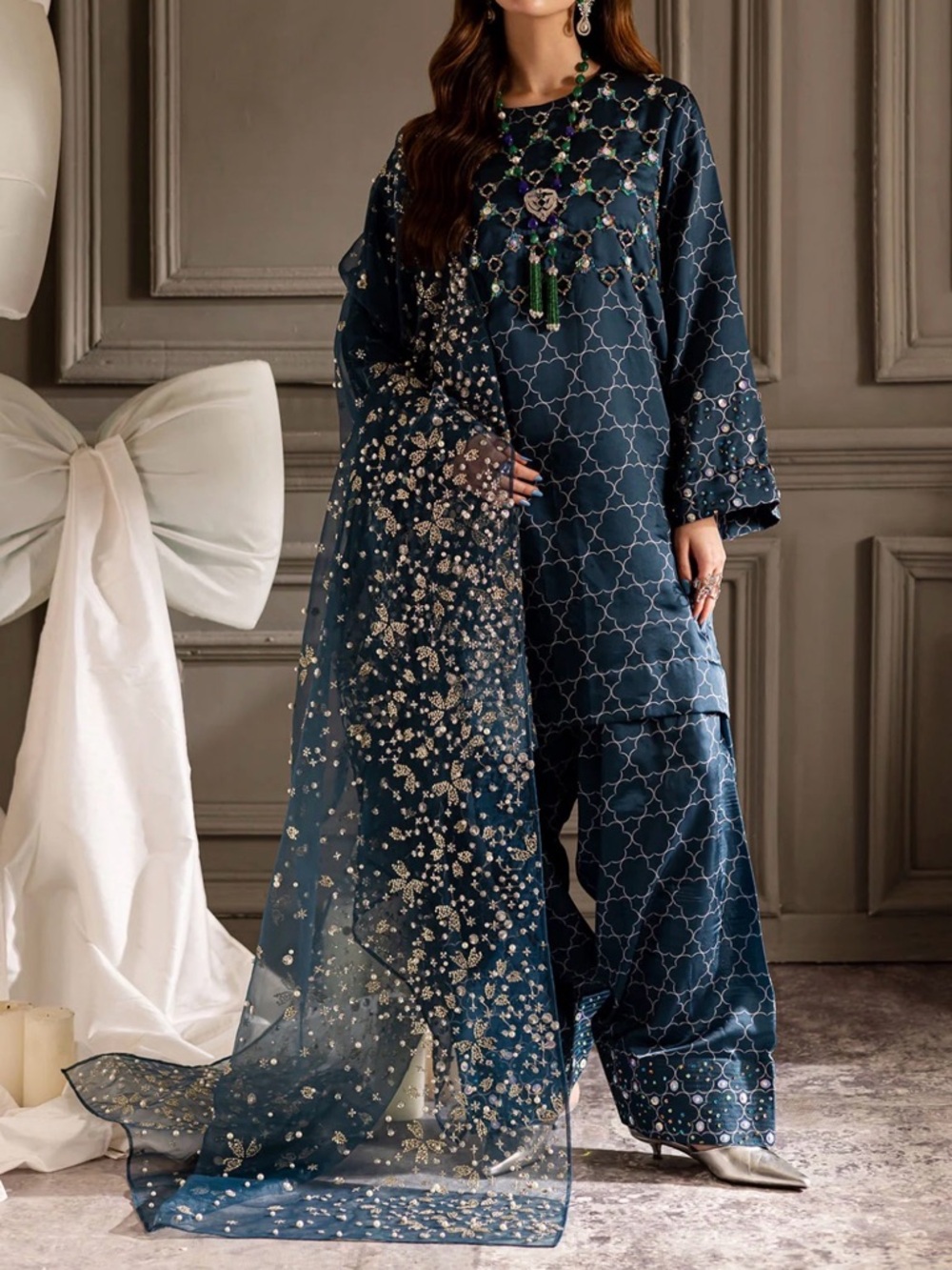 Navy Embellished Wide-Leg Tunic Set with Sheer Sequined Dupatta